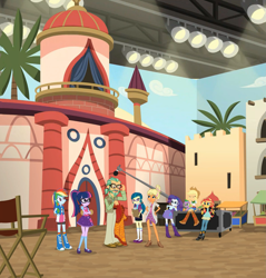 Size: 1937x2028 | Tagged: safe, edit, edited screencap, screencap, character:applejack, character:juniper montage, character:rainbow dash, character:rarity, character:spike, character:spike (dog), character:sunset shimmer, character:twilight sparkle, character:twilight sparkle (scitwi), species:dog, species:eqg human, equestria girls:movie magic, g4, my little pony: equestria girls, my little pony:equestria girls, spoiler:eqg specials, boom mic, canter zoom, chestnut magnifico, clothing, composite screencap, dress, geode of super speed, geode of telekinesis, magical geodes, microphone, movie set, panorama, stage light