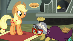Size: 1152x648 | Tagged: safe, edit, edited screencap, screencap, character:a.k. yearling, character:applejack, character:daring do, episode:daring don't, g1, g4, my little pony: friendship is magic, applejack's hat, clothing, cowboy hat, cropped, dialogue, dress, fireplace, g1 to g4, generation leap, glasses, hat, implied ahuizotl, speech bubble
