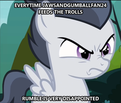 Size: 876x742 | Tagged: safe, edit, edited screencap, screencap, character:rumble, species:pegasus, species:pony, episode:marks and recreation, g4, my little pony: friendship is magic, angry, colt, cropped, disappointed, jawsandgumballfan24, male, op is a duck, op is trying to start shit, text, unamused