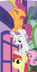 Size: 1558x2999 | Tagged: safe, edit, edited screencap, screencap, character:apple bloom, character:scootaloo, character:sweetie belle, species:pegasus, species:pony, episode:marks for effort, g4, my little pony: friendship is magic, composite screencap, cutie mark crusaders, panorama, pony pile, school of friendship, tower of pony