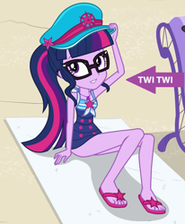 Size: 739x897 | Tagged: safe, edit, edited screencap, screencap, character:twilight sparkle, character:twilight sparkle (scitwi), species:eqg human, equestria girls:forgotten friendship, g4, my little pony: equestria girls, my little pony:equestria girls, adorasexy, arrow, beach, beach babe, captain obvious, clothing, cropped, cute, edited edit, feet, female, flip-flops, grin, looking up, one-piece swimsuit, sandals, schrödinger's pantsu, sexy, sitting, smiling, solo, swimsuit, towel, twi, twiabetes