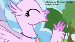 Size: 1280x720 | Tagged: safe, edit, edited screencap, screencap, character:silverstream, episode:non-compete clause, g4, my little pony: friendship is magic, cute, dialogue, diastreamies, implied fluttershy, jewelry, necklace, pun, tree