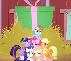 Size: 1638x1413 | Tagged: safe, edit, edited screencap, screencap, character:applejack, character:fluttershy, character:pinkie pie, character:rainbow dash, character:rarity, character:twilight sparkle, character:twilight sparkle (alicorn), species:alicorn, species:pony, episode:the great escape room, barn, composite screencap, hay, mane six, panorama, present