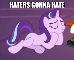 Size: 1000x804 | Tagged: safe, edit, edited screencap, screencap, character:starlight glimmer, species:pony, species:unicorn, episode:uncommon bond, g4, my little pony: friendship is magic, caption, cropped, eyes closed, female, haters gonna hate, hooves on cheeks, image macro, impact font, lying down, mare, meme, smiling, smug, smuglight glimmer, solo, text