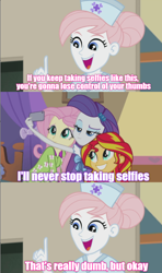 Size: 636x1077 | Tagged: safe, edit, edited screencap, screencap, character:fluttershy, character:nurse redheart, character:rarity, character:sunset shimmer, episode:constructive criticism, equestria girls:rainbow rocks, g4, my little pony: equestria girls, my little pony:equestria girls, comic, nurse purpleheart, ryan george, screencap comic, selfie, text