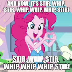 Size: 500x500 | Tagged: safe, edit, edited screencap, screencap, character:pinkie pie, character:tank, episode:the craft of cookies, g4, my little pony: equestria girls, my little pony:equestria girls, spoiler:eqg series (season 2), apron, caption, chef's hat, clothing, cropped, female, hat, heart hands, image macro, solo, star wars holiday special, text