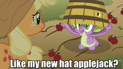 Size: 960x540 | Tagged: safe, edit, edited screencap, screencap, character:applejack, character:spike, species:dragon, species:earth pony, species:pony, episode:spike at your service, g4, my little pony: friendship is magic, barrel, clothing, dialogue, female, hat, image macro, male, mare