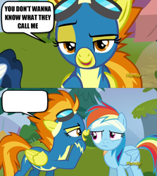 Size: 1279x1436 | Tagged: safe, edit, edited screencap, screencap, character:rainbow dash, character:spitfire, species:pegasus, species:pony, episode:newbie dash, g4, my little pony: friendship is magic, bandage, bandaged head, clothing, dialogue, discovery family logo, duo, exploitable meme, female, goggles, mare, meme, speech bubble, spitfire's nickname, template, uniform, whispering, wonderbolts uniform