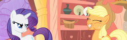 Size: 2834x892 | Tagged: safe, edit, edited screencap, screencap, character:applejack, character:rarity, species:pony, episode:look before you sleep, g4, my little pony: friendship is magic, composite screencap, death stare, eating, golden oaks library, messy eating, panorama, rain, s'mores