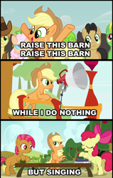 Size: 500x786 | Tagged: safe, edit, edited screencap, screencap, character:apple bloom, character:apple rose, character:applejack, character:babs seed, character:braeburn, character:golden delicious, character:half baked apple, character:red gala, character:wensley, species:earth pony, species:pony, episode:apple family reunion, g4, my little pony: friendship is magic, apple family member, comic, female, filly, mare, raise this barn, screencap comic