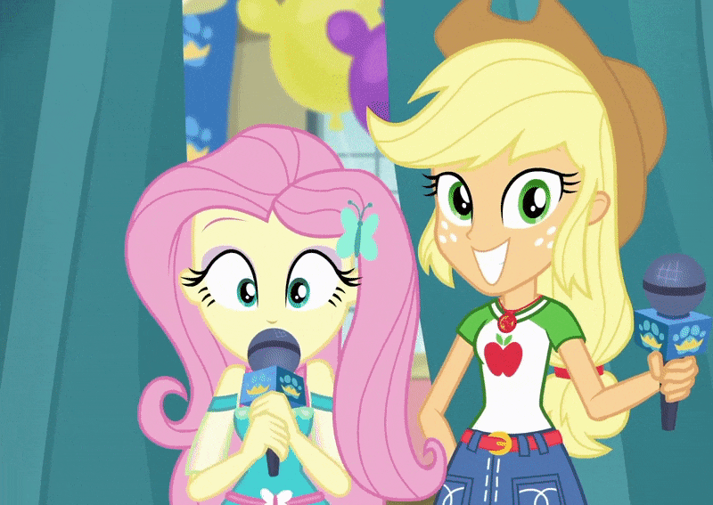 Size: 800x567 | Tagged: safe, edit, edited screencap, screencap, character:applejack, character:fluttershy, episode:best in show: the pre-show, g4, my little pony: equestria girls, my little pony:equestria girls, spoiler:eqg series (season 2), animated, cropped, geode of fauna, geode of super strength, gif, grin, magical geodes, microphone, reversed, smiling