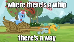 Size: 1440x815 | Tagged: safe, edit, edited screencap, screencap, character:snails, character:snips, character:trixie, species:pony, species:unicorn, episode:magic duel, g4, my little pony: friendship is magic, 1980's, abuse, alicorn amulet, amulet, apple tree, bucktooth, bullwhip, caption, chariot, child abuse, colt, don't trust wheels, eyes closed, female, foal, glowing horn, harness, image macro, jewelry, lord of the rings, magic, magic abuse, magic aura, male, mare, pulling, rankin/bass, return of the king, slavery, straining, tack, telekinesis, text, tree, whip, whipping