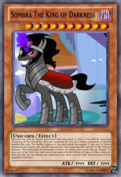 Size: 418x610 | Tagged: safe, edit, edited screencap, screencap, character:king sombra, species:pony, species:unicorn, episode:the beginning of the end, g4, my little pony: friendship is magic, season 9, spoiler:s09, 2019, ccg, dark magic, magic, male, raised hoof, stallion, trading card, trading card edit, yu-gi-oh!