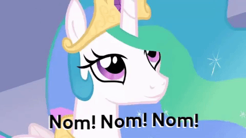 Size: 480x270 | Tagged: safe, edit, edited screencap, screencap, character:princess celestia, species:alicorn, species:pony, episode:the crystal empire, g4, my little pony: friendship is magic, animated, beautiful, chewing, cute, cutelestia, eating, female, gif, loop, meta, nom, sillestia, silly, silly pony, solo