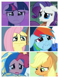 Size: 3106x4096 | Tagged: safe, edit, edited screencap, screencap, character:applejack, character:fluttershy, character:pinkie pie, character:rainbow dash, character:rarity, character:twilight sparkle, character:twilight sparkle (alicorn), species:alicorn, species:earth pony, species:pegasus, species:pony, species:unicorn, episode:a dog and pony show, episode:once upon a zeppelin, episode:parental glideance, episode:tanks for the memories, episode:the last roundup, episode:yakity-sax, g4, my little pony: friendship is magic, comic, crying, end of ponies, floppy ears, in-universe pegasister, mane six, oh no, sad, screencap comic, teary eyes