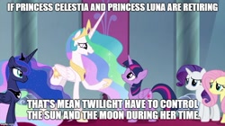 Size: 888x499 | Tagged: safe, edit, edited screencap, screencap, character:fluttershy, character:princess celestia, character:princess luna, character:rarity, character:twilight sparkle, character:twilight sparkle (alicorn), species:alicorn, species:pony, species:unicorn, episode:the beginning of the end, g4, my little pony: friendship is magic, spoiler:s09, caption, crown, ethereal mane, female, galaxy mane, grammar error, hoof shoes, image macro, imgflip, jewelry, mare, peytral, raised hoof, regalia, text