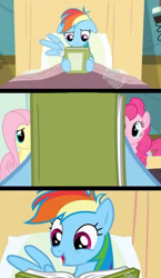 Size: 581x1000 | Tagged: safe, edit, edited screencap, screencap, character:fluttershy, character:pinkie pie, character:rainbow dash, species:pony, episode:read it and weep, g4, my little pony: friendship is magic, blank, book, exploitable meme, meme, meme template, reading, reading rainbow, template