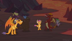 Size: 1280x720 | Tagged: safe, edit, edited screencap, screencap, character:garble, character:smolder, character:spike, species:dragon, episode:sweet and smoky, g4, my little pony: friendship is magic, season 9, billy (dragon), clump, dragoness, female, fume, group, lava, male, raised eyebrow, spear (dragon), theory, winged spike