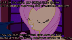 Size: 1280x720 | Tagged: safe, edit, edited screencap, screencap, character:fluttershy, episode:stare master, g4, my little pony: friendship is magic, spoilers for another series, caption, duck tales, duck tales 2017, female, hush now quiet now, image macro, solo, text