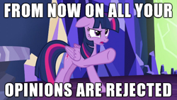 Size: 610x343 | Tagged: safe, edit, edited screencap, screencap, character:twilight sparkle, character:twilight sparkle (alicorn), species:alicorn, species:pony, episode:what about discord?, g4, my little pony: friendship is magic, angry, caption, female, image macro, mare, pointing, reaction image, solo, text, twilight's castle