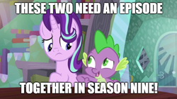 Size: 666x375 | Tagged: safe, edit, edited screencap, screencap, character:spike, character:starlight glimmer, species:dragon, species:pony, species:unicorn, episode:the crystalling, g4, my little pony: friendship is magic, season 9, nudging, suggestion, sunburst's house