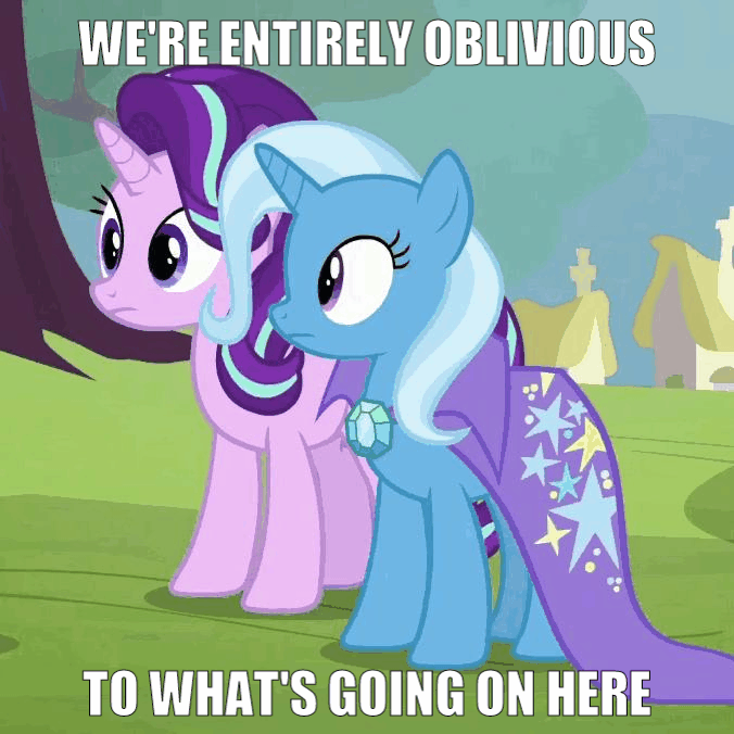 Size: 676x676 | Tagged: safe, edit, edited screencap, screencap, character:starlight glimmer, character:trixie, species:pony, species:unicorn, episode:on the road to friendship, animated, blinking, cape, caption, clothing, female, frown, image macro, looking at something, mare, oblivious, text, trixie's cape, wat, wide eyes