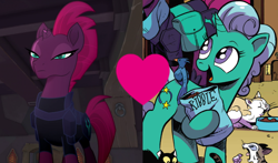 Size: 1534x899 | Tagged: safe, edit, edited screencap, screencap, character:glitter drops, character:tempest shadow, species:pony, species:unicorn, ship:glittershadow, my little pony: the movie (2017), spoiler:comic, spoiler:comic67, armor, broken horn, female, heart, horn, lesbian, shipping, shipping domino