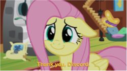 Size: 947x534 | Tagged: safe, edit, edited screencap, screencap, character:fluttershy, species:pony, episode:fluttershy leans in, g4, my little pony: friendship is magic, about to cry, fake leak, female, floppy ears, implied discord, sad, smiling, solo