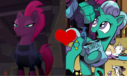 Size: 1514x909 | Tagged: safe, edit, edited screencap, screencap, character:glitter drops, character:tempest shadow, species:pony, species:unicorn, ship:glittershadow, my little pony: the movie (2017), spoiler:comic, spoiler:comic67, armor, broken horn, female, heart, horn, lesbian, shipping, shipping domino