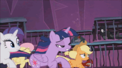 Size: 1920x1080 | Tagged: safe, edit, edited screencap, screencap, character:applejack, character:fluttershy, character:rainbow dash, character:rarity, character:twilight sparkle, character:twilight sparkle (alicorn), species:alicorn, species:pony, episode:school raze, g4, my little pony: friendship is magic, als' toy barn, animated, buzz lightyear, comparison, doors, faceplant, ouch, sound, toy story, toy story 2, webm