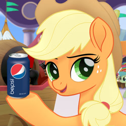 Size: 465x465 | Tagged: safe, edit, edited screencap, screencap, character:applejack, species:earth pony, species:pony, my little pony: the movie (2017), bepis, can, cropped, drink, female, freckles, holding, hoof hold, mare, meme, pepsi, soda, solo focus