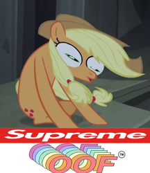Size: 768x888 | Tagged: safe, edit, edited screencap, screencap, character:applejack, species:earth pony, species:pony, episode:castle mane-ia, g4, my little pony: friendship is magic, caption, cropped, exploitable meme, female, great moments in animation, image macro, mare, meme, oof, reaction image, solo, supreme, text