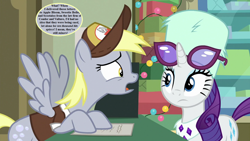 Size: 1280x720 | Tagged: safe, edit, edited screencap, screencap, character:derpy hooves, character:rarity, species:pony, episode:best gift ever, g4, my little pony: friendship is magic, angry, clothing, dialogue, hat, hearth's warming decorations, implied apple bloom, implied scootaloo, implied sweetie belle, mailmare hat, mailpony uniform, peytral, speech bubble, sunglasses, winter hat