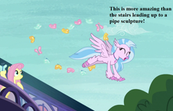 Size: 1008x648 | Tagged: safe, edit, edited screencap, screencap, character:fluttershy, character:silverstream, episode:marks for effort, g4, my little pony: friendship is magic, butterfly, cropped, cute, dialogue, diastreamies, school of friendship, silverstream does loves indoor plumbing, that hippogriff sure does love indoor plumbing, that hippogriff sure does love stairs, tree