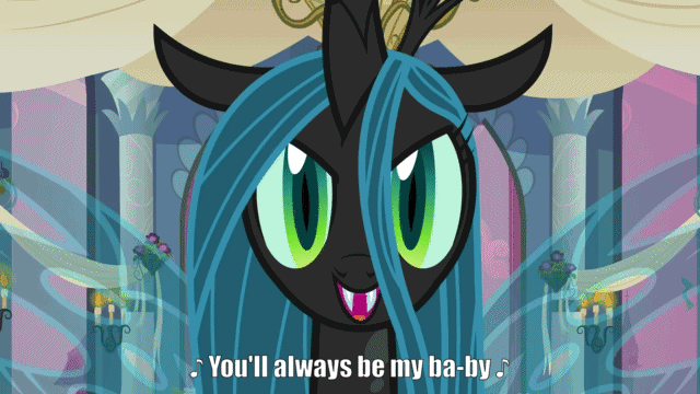 Size: 640x360 | Tagged: safe, edit, edited screencap, screencap, character:queen chrysalis, species:changeling, episode:a canterlot wedding, g4, my little pony: friendship is magic, always be my baby, animated, baby, caption, changeling queen, female, image macro, male, mariah carey, mother, mother and son, solo, son, song, song reference, text