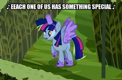 Size: 494x324 | Tagged: safe, edit, edited screencap, screencap, character:derpy hooves, species:pony, episode:scare master, g4, my little pony: friendship is magic, alicorn costume, caption, clothing, corn maze, costume, cropped, fake horn, fake wings, female, image macro, let the rainbow remind you, maze, nightmare night costume, singing, solo, song, text, toilet paper roll horn, twilight muffins, twilight sparkle costume, wig, wings