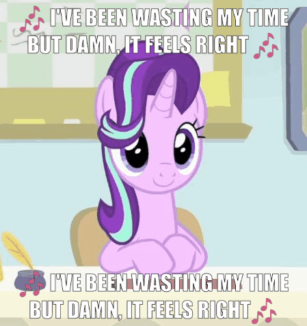 Size: 449x477 | Tagged: safe, edit, edited screencap, screencap, character:starlight glimmer, species:pony, species:unicorn, episode:starlight the hypnotist, spoiler:interseason shorts, alesso, animated, caption, cute, female, gif, glimmerbetes, hair flip, hair over one eye, i have done nothing productive all day, image macro, mare, meme, nodding, solo, song reference, text, time
