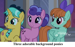 Size: 1444x912 | Tagged: safe, edit, edited screencap, screencap, character:berry blend, character:berry bliss, character:citrine spark, character:fire quacker, character:peppermint goldylinks, species:earth pony, species:pegasus, species:pony, species:unicorn, episode:school raze, g4, my little pony: friendship is magic, background pony, blissabetes, bow, captain obvious, caption, cropped, cute, discovery family logo, friendship student, hair bow, mane bow, peppermint adoralinks, quackerdorable, raised hoof, school of friendship, text, the truth