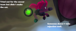Size: 1280x535 | Tagged: safe, edit, edited screencap, screencap, character:tempest shadow, my little pony: the movie (2017), airborne, darkness, energy ball, energy weapon, football, implied rejection, kick, obsidian orb, sports, text