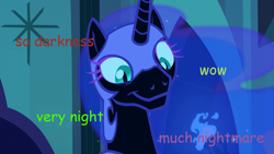 Size: 800x450 | Tagged: safe, edit, edited screencap, screencap, character:nightmare moon, character:princess luna, episode:the cutie re-mark, 1000 hours in ms paint, doge, female, meme, notsobot, solo, text