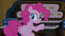 Size: 1200x673 | Tagged: safe, edit, edited screencap, screencap, character:pinkie pie, species:earth pony, species:pony, episode:castle mane-ia, g4, my little pony: friendship is magic, balloonbutt, female, looking at you, mare, musical instrument, organ, organ to the outside, plot, solo, the ass was fat, thicc ass, thick