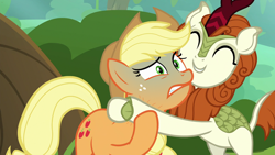 Size: 1280x720 | Tagged: safe, edit, edited screencap, screencap, character:applejack, character:autumn blaze, species:earth pony, species:kirin, species:pony, episode:sounds of silence, g4, my little pony: friendship is magic, abuse, asphyxiation, female, jackabuse, mare