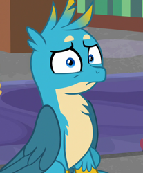 Size: 596x720 | Tagged: safe, edit, edited screencap, screencap, character:gallus, species:griffon, species:pony, episode:what lies beneath, g4, my little pony: friendship is magic, beakless, confused, cropped, cursed image, frown, hybrid, looking at you, male, muzzle, oh no, pony-muzzled griffon, pure unfiltered evil, sitting, solo focus, wat, what has science done, wide eyes, worried, wtf