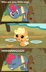 Size: 500x792 | Tagged: safe, edit, edited screencap, screencap, character:apple split, character:applejack, species:earth pony, species:pony, episode:apple family reunion, g4, my little pony: friendship is magic, apple family member, baby, baby pony, babyjack, comic, female, heart attack, male, stallion, younger