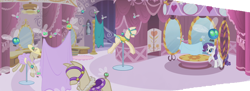 Size: 3348x1219 | Tagged: safe, edit, edited screencap, screencap, character:rarity, species:pony, species:unicorn, episode:swarm of the century, g4, my little pony: friendship is magic, carousel boutique, clothing, composite screencap, dress, fabric, female, hat, mannequin, mare, mirror, panorama, parasprite, ponyquin
