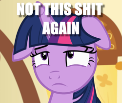 Size: 1255x1053 | Tagged: safe, edit, edited screencap, screencap, character:twilight sparkle, character:twilight sparkle (alicorn), species:alicorn, species:pony, episode:a flurry of emotions, g4, my little pony: friendship is magic, annoyed, caption, cropped, female, floppy ears, image macro, not this shit again, solo, text, vulgar