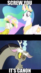 Size: 498x874 | Tagged: safe, edit, edited screencap, screencap, character:discord, character:princess celestia, species:alicorn, species:draconequus, species:pony, ship:dislestia, episode:best gift ever, episode:twilight's kingdom, g4, my little pony: friendship is magic, season 4, :o, bait, bouquet, caption, fangs, female, flower, image macro, looking at something, male, mare, meme, one eye closed, open mouth, otp, shipping, smiling, straight, surprised, text, wide eyes, wink