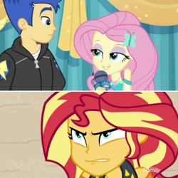 Size: 1564x1564 | Tagged: safe, edit, screencap, character:flash sentry, character:fluttershy, character:sunset shimmer, ship:flashimmer, ship:sunshyne, episode:best in show: the pre-show, equestria girls:forgotten friendship, g4, my little pony: equestria girls, my little pony:equestria girls, spoiler:eqg series (season 2), angry, discovery family logo, female, flutterflash, geode of fauna, jealous, jealous sunset, lesbian, lidded eyes, magical geodes, male, microphone, shipping, straight, sunset shimmer is not amused, unamused