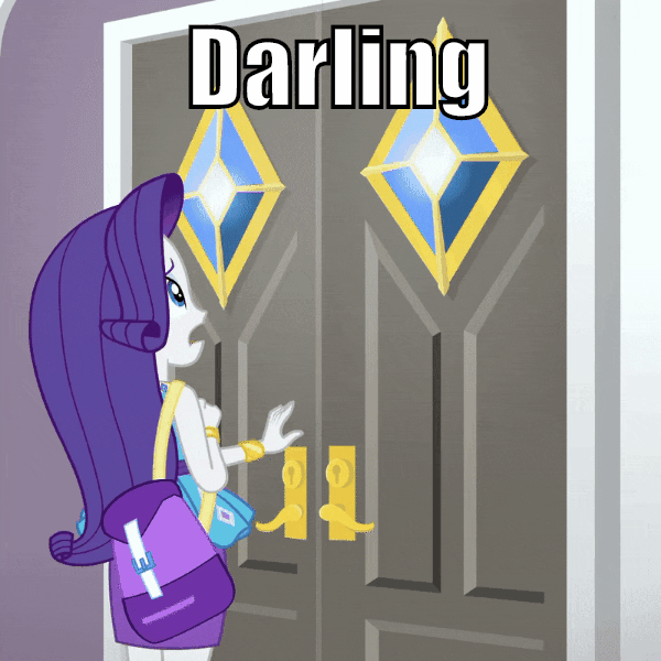 Size: 600x600 | Tagged: safe, edit, edited screencap, screencap, character:rarity, episode:fomo, g4, my little pony: equestria girls, my little pony:equestria girls, spoiler:eqg series (season 2), animated, bracelet, caption, cropped, darling, door, drama queen, geode of shielding, image macro, impact font, jewelry, magical geodes, marshmelodrama, rarity being rarity, swoon, text