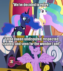 Size: 640x720 | Tagged: safe, edit, edited screencap, screencap, character:princess celestia, character:princess luna, character:twilight sparkle, character:twilight sparkle (alicorn), species:alicorn, species:pony, episode:school raze, episode:the beginning of the end, episode:trade ya, g4, my little pony: friendship is magic, be prepared, caption, crown, female, gavel, hammer, hoof shoes, hub logo, image macro, jewelry, magic, mare, new crown, regalia, solo, text, the lion king, tiara
